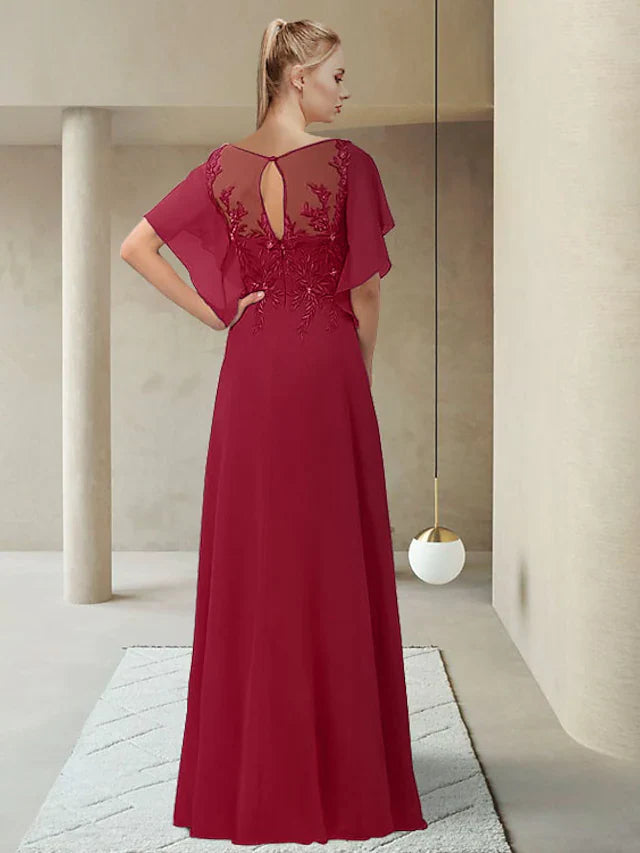Wholesale Mother of the Bride Dress Elegant Jewel Neck Floor Length Chiffon Lace Half Sleeve with Appliques