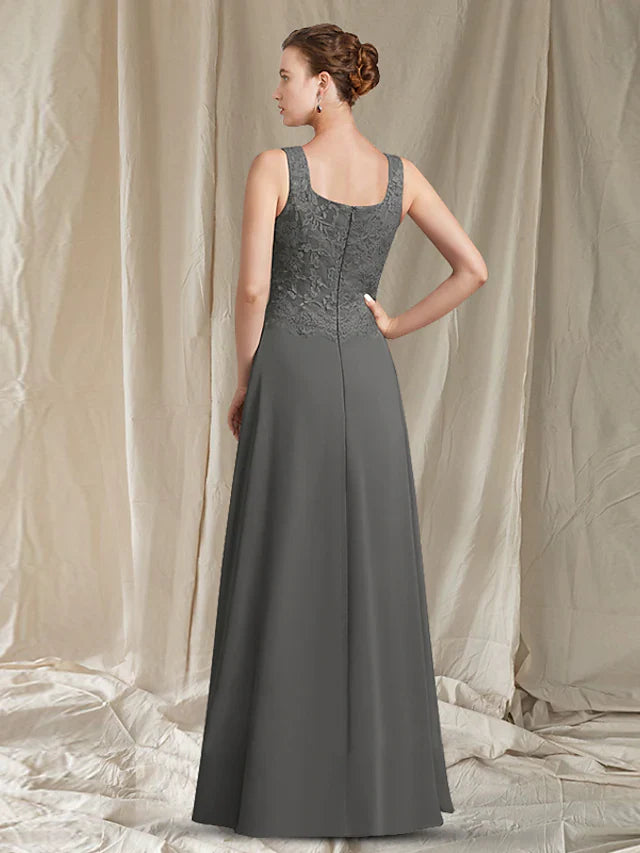 Wholesale Mother of the Bride Dress Elegant Wrap Included Square Neck Floor Length Chiffon Lace Sleeveless with Lace