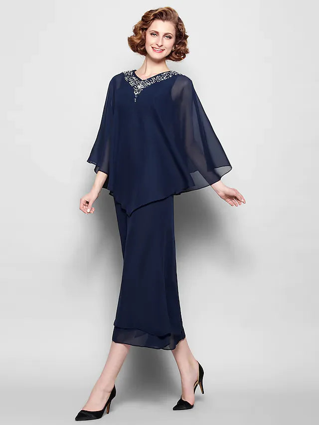Wholesale Mother of the Bride Dress V Neck Tea Length Chiffon 3/4 Length Sleeve with Crystals Beading