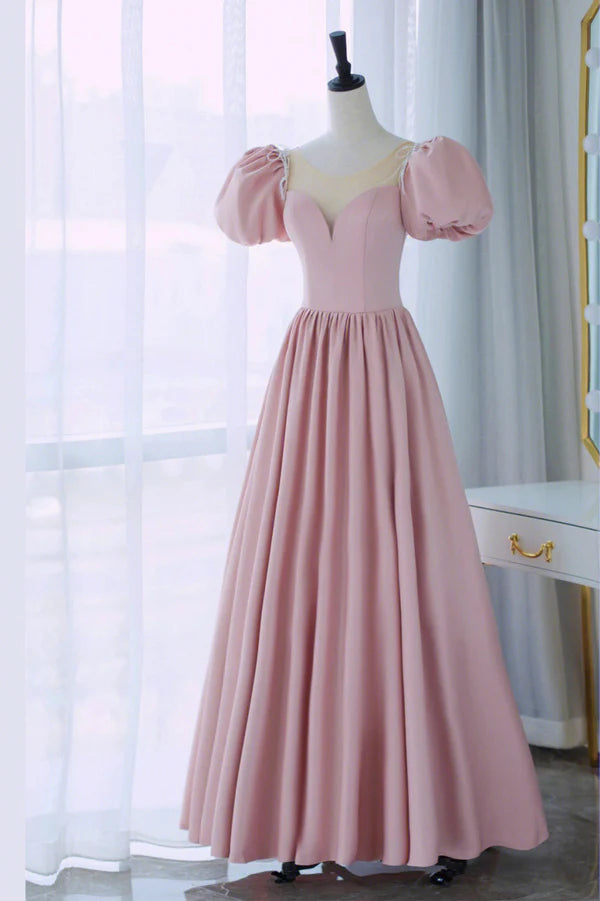 Wholesale Pink Scoop Neckline Satin Prom Dress Pink Floor Length Party Dress