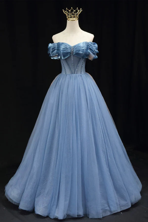 Wholesale Blue Sweetheart Tulle Long Formal Dress Off the Shoulder Evening Graduation Dress
