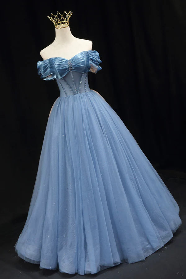 Wholesale Blue Sweetheart Tulle Long Formal Dress Off the Shoulder Evening Graduation Dress