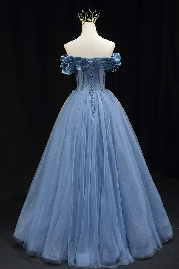 Wholesale Blue Sweetheart Tulle Long Formal Dress Off the Shoulder Evening Graduation Dress