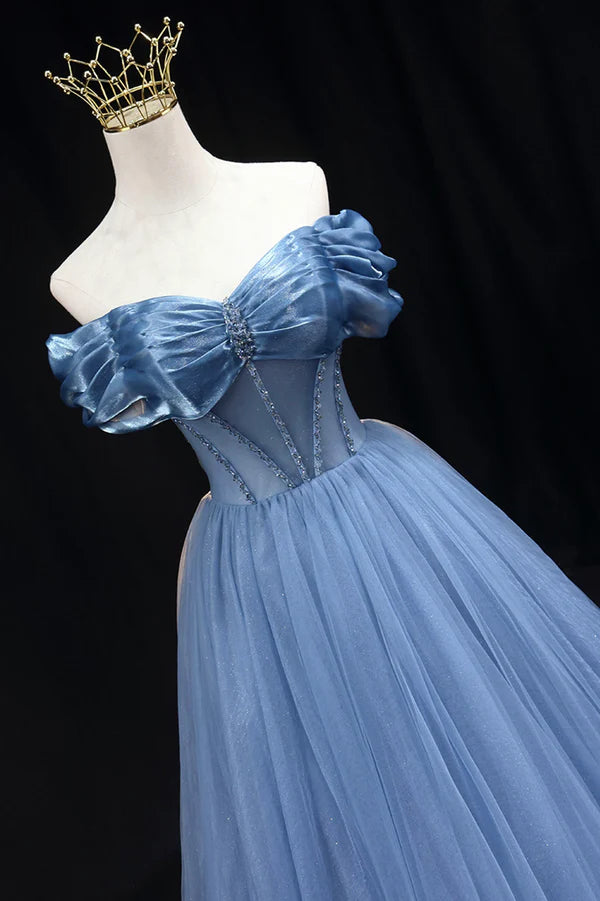 Wholesale Blue Sweetheart Tulle Long Formal Dress Off the Shoulder Evening Graduation Dress