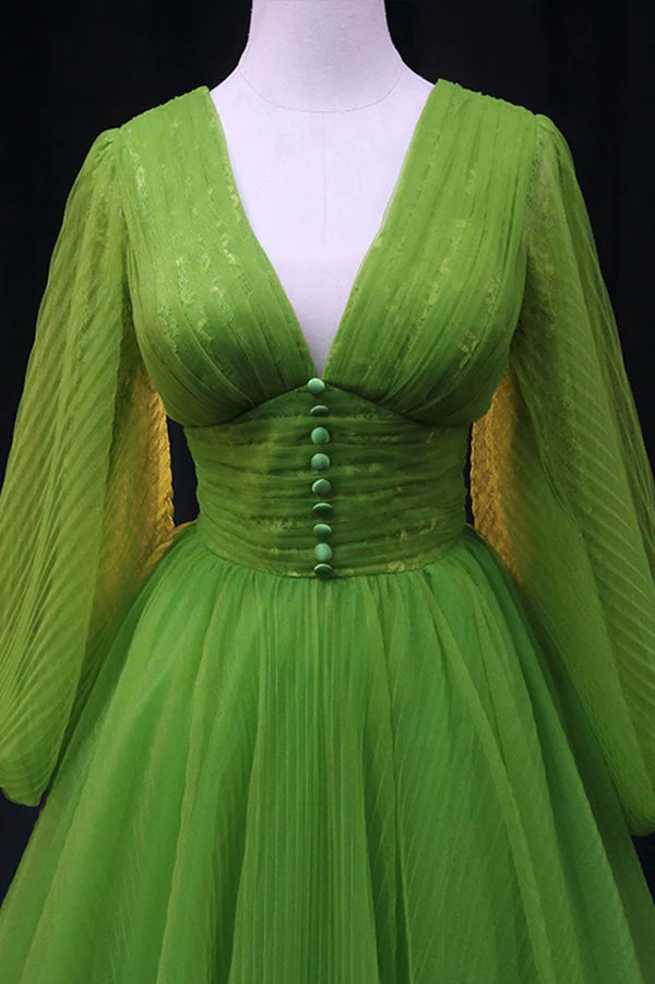 Wholesale Green V-Neck Tulle Long Prom Dress Long Sleeve Green Formal Evening Dress
