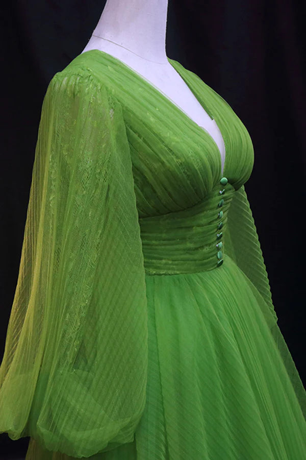 Wholesale Green V-Neck Tulle Long Prom Dress Long Sleeve Green Formal Evening Dress