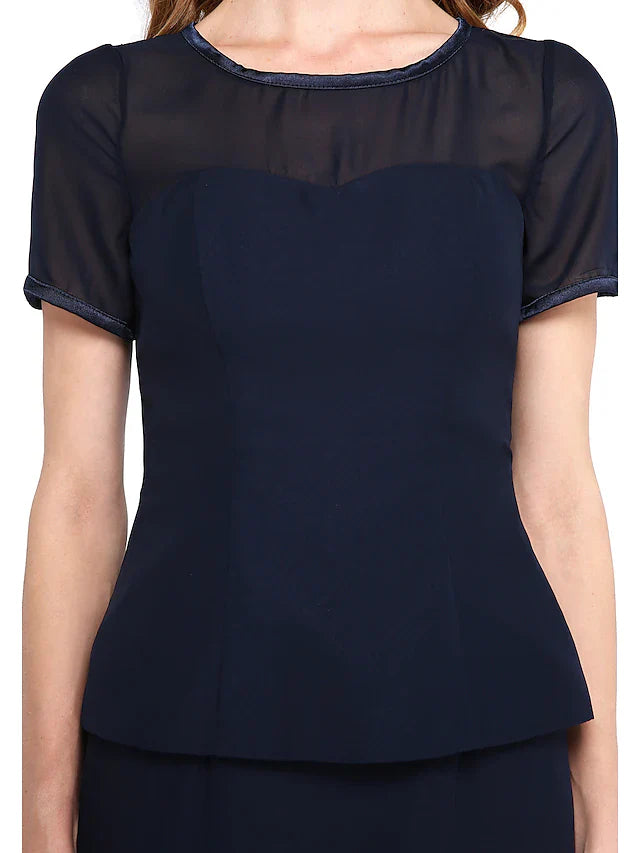 Wholesale Mother of the Bride Dress Two Piece Wrap Included Jewel Neck Knee Length Chiffon Lace Length Sleeve withCrystal Brooch Sash Ribbon