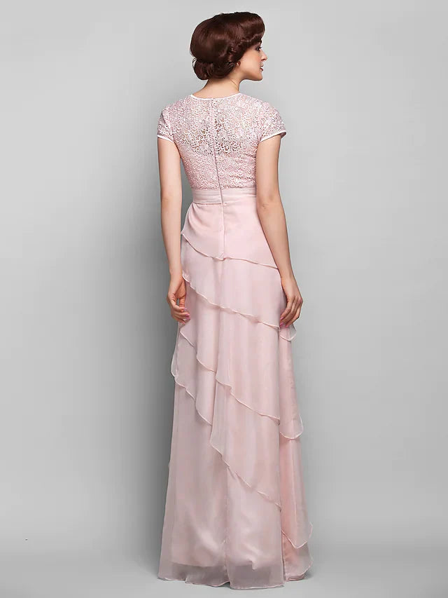 Wholesale Mother of the Bride Dress Jewel Neck Floor Length Chiffon Lace Short Sleeve with Lace Ruffles
