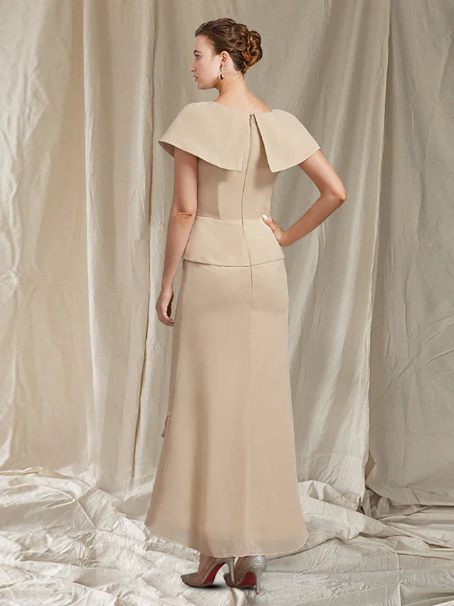 Wholesale Mother of the Bride Dress Elegant V Neck Asymmetrical Ankle Length Chiffon Short Sleeve with Ruffles Crystal Brooch