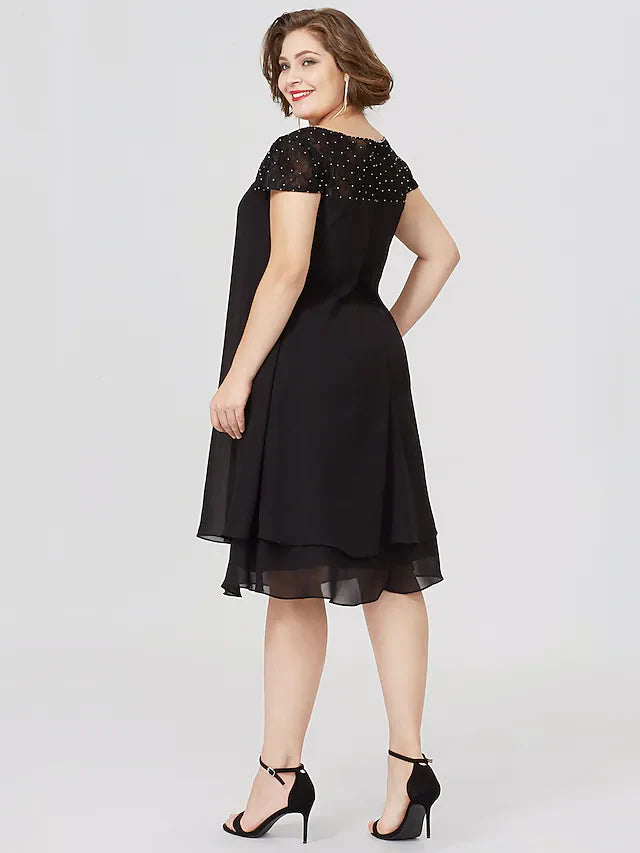 Wholesale Mother of the Bride Dress Little Black Dress Plus Size See Through Jewel Neck Knee Length Chiffon Lace Short Sleeve with Pleats Beading Lace Insert