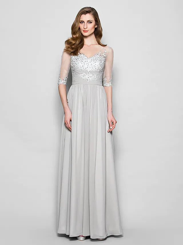Wholesale A-Line Mother of the Bride Dress V Neck Floor Length Chiffon Tulle Half Sleeve with Ruched Beading Sequin