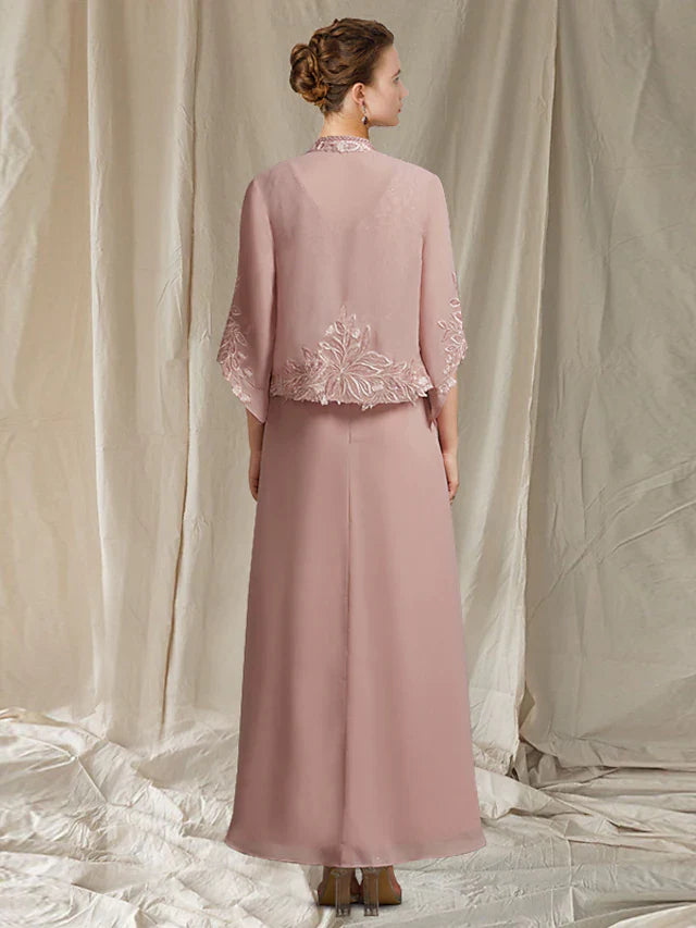Wholesale Mother of the Bride Dress Elegant Wrap Included V Neck Ankle Length Chiffon Lace Sleeveless with Beading Appliques