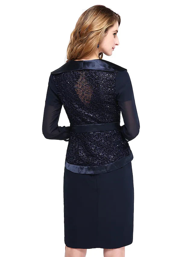 Wholesale Mother of the Bride Dress Two Piece Wrap Included Jewel Neck Knee Length Chiffon Lace Length Sleeve withCrystal Brooch Sash Ribbon