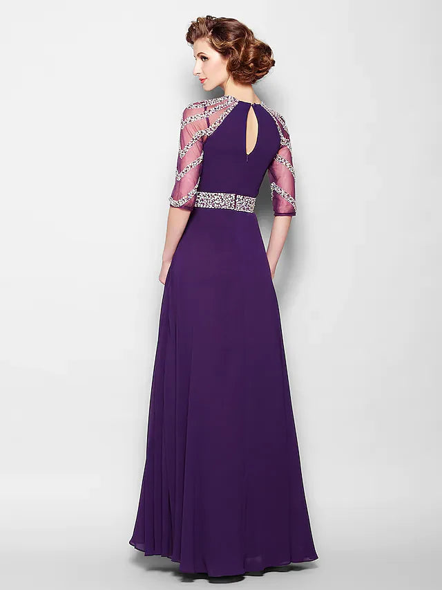 Wholesale A-Line Mother of the Bride Dress See Through Jewel Neck Floor Length Tulle Georgette Half Sleeve with Sash Ribbon Crystals Beading