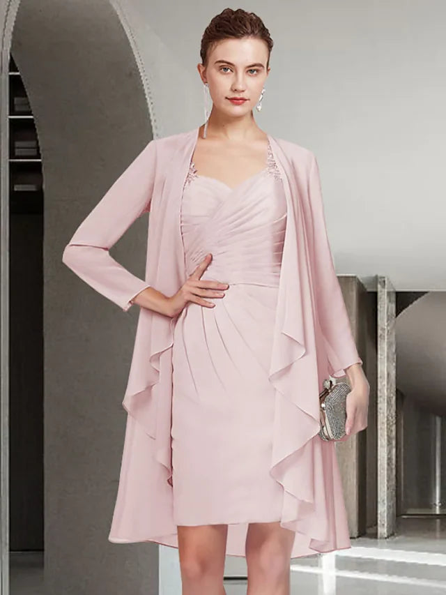 Wholesale Mother of the Bride Dress Elegant Jewel Neck Short Mini Chiffon Long Sleeve with Lace Ruching