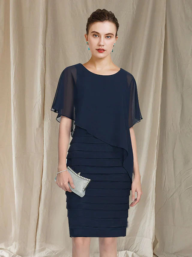 Wholesale Mother of the Bride Dress Elegant Jewel Neck Knee Length Chiffon Sleeveless with Ruched Ruffles