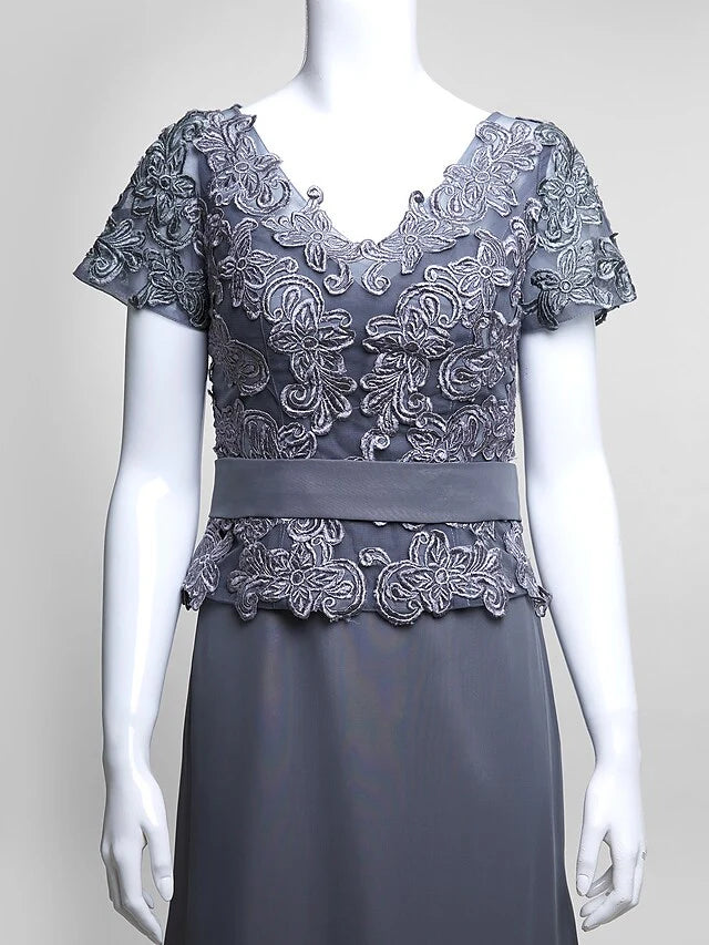 Wholesale Mother of the Bride Dress Elegant V Neck Floor Length Chiffon Lace Short Sleeve with Lace