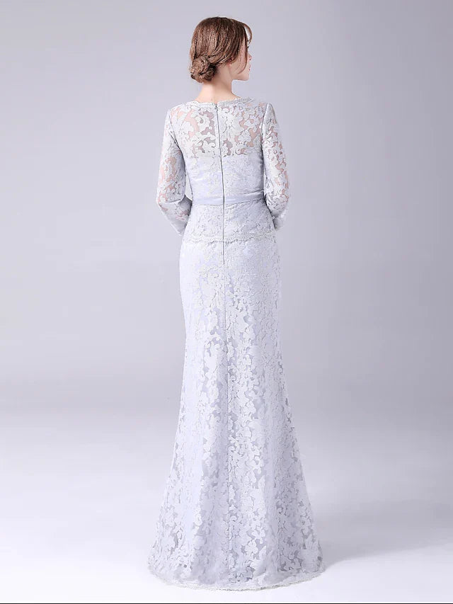 Wholesale Mother of the Bride Dress Elegant Sweet Jewel Neck Floor Length Lace Long Sleeve with Sash Ribbon Bow(s)