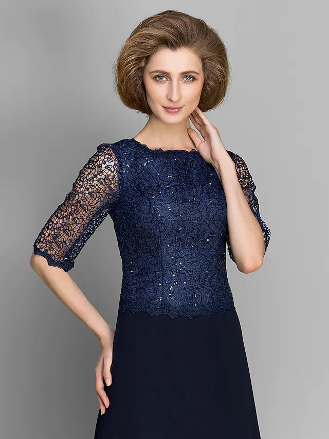 Wholesale Mother of the Bride Dress See Through Jewel Neck Ankle Length Chiffon Half Sleeve with Lace Pleats