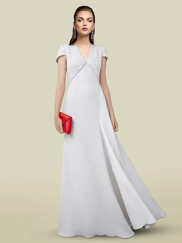 Wholesale A-Line Mother of the Bride Dress Elegant V Neck Floor Length Charmeuse Short Sleeve with Pleats