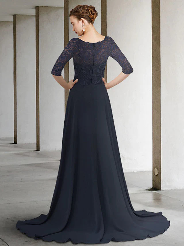 Wholesale A-Line Mother of the Bride Dress Elegant Jewel Neck Chiffon Lace Half Sleeve with Pleats