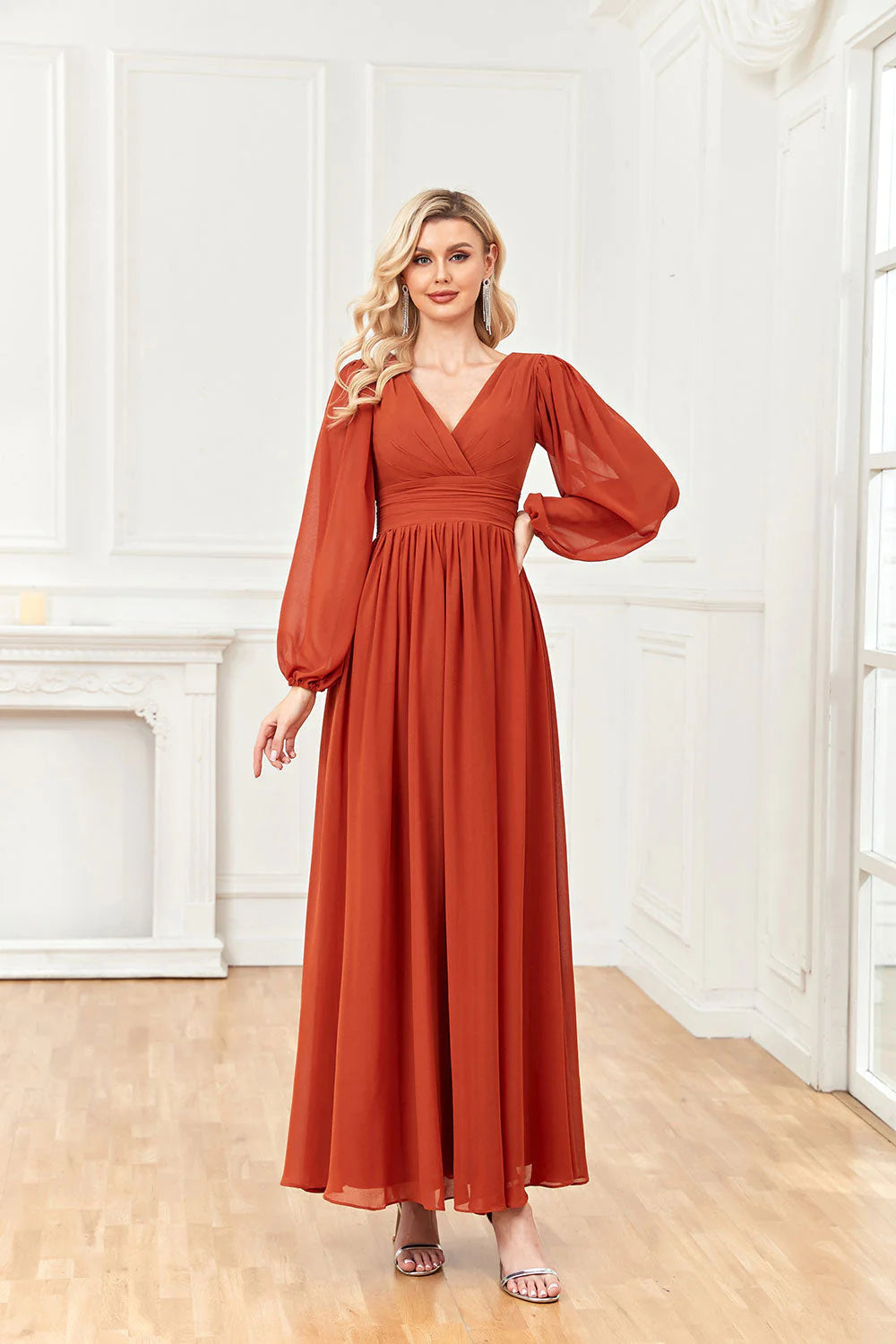 Wholesale A Line V Neck Long Sleeves Chiffon Prom Formal Dresses With Ruffles