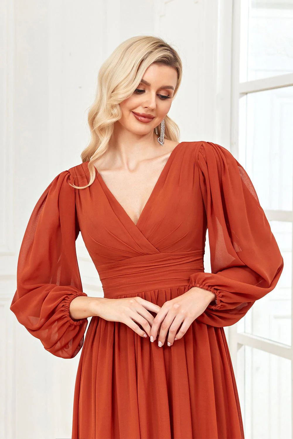 Wholesale A Line V Neck Long Sleeves Chiffon Prom Formal Dresses With Ruffles