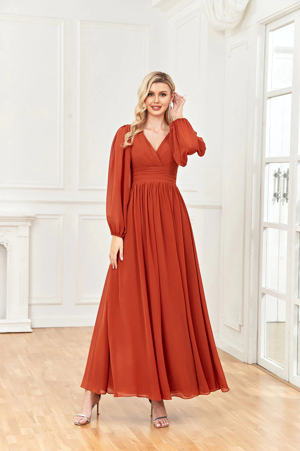 Wholesale A Line V Neck Long Sleeves Chiffon Prom Formal Dresses With Ruffles