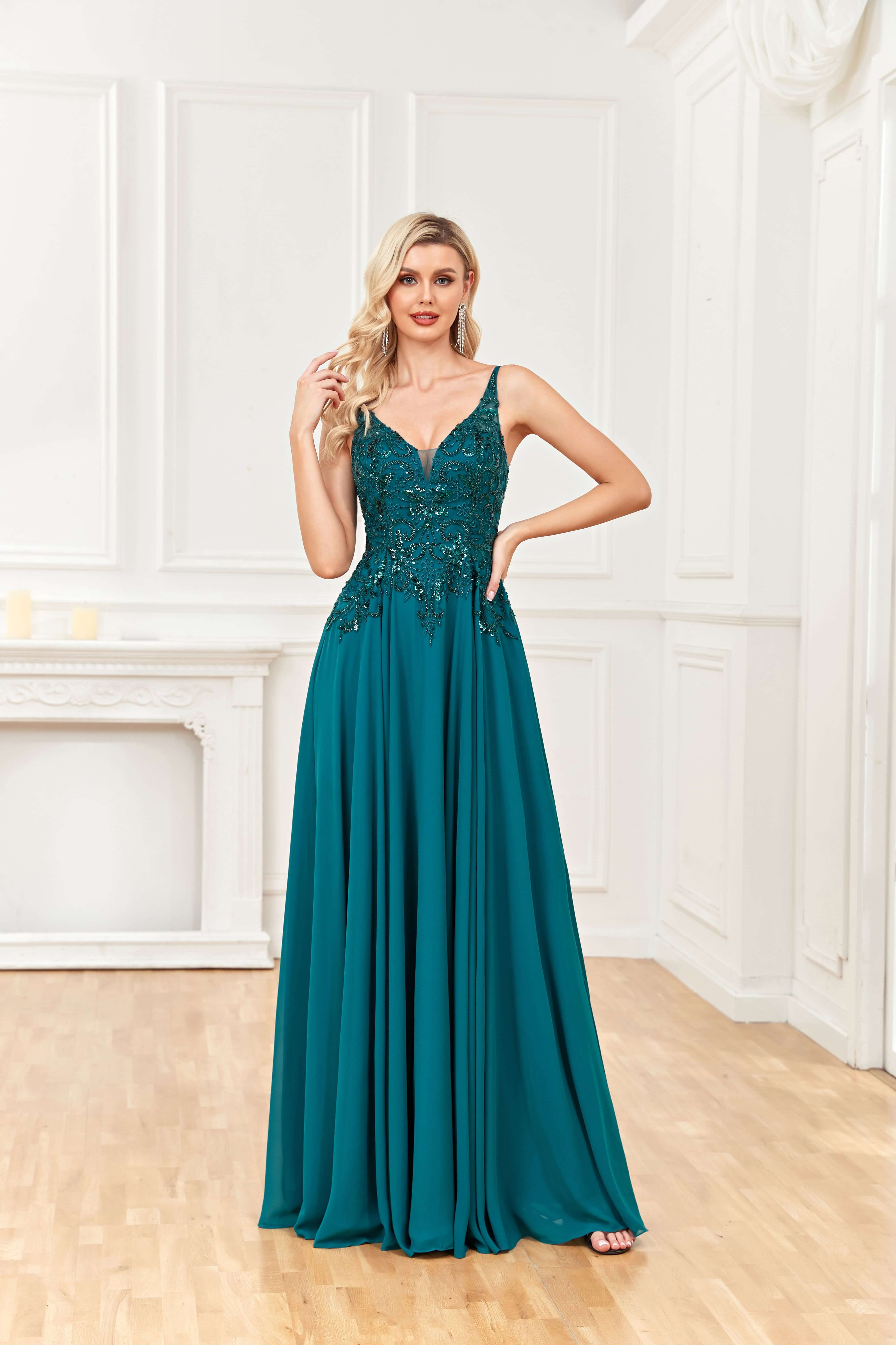Wholesale A Line V Neck Sleeveless Beaded Appliques Floor Length Prom Dresses