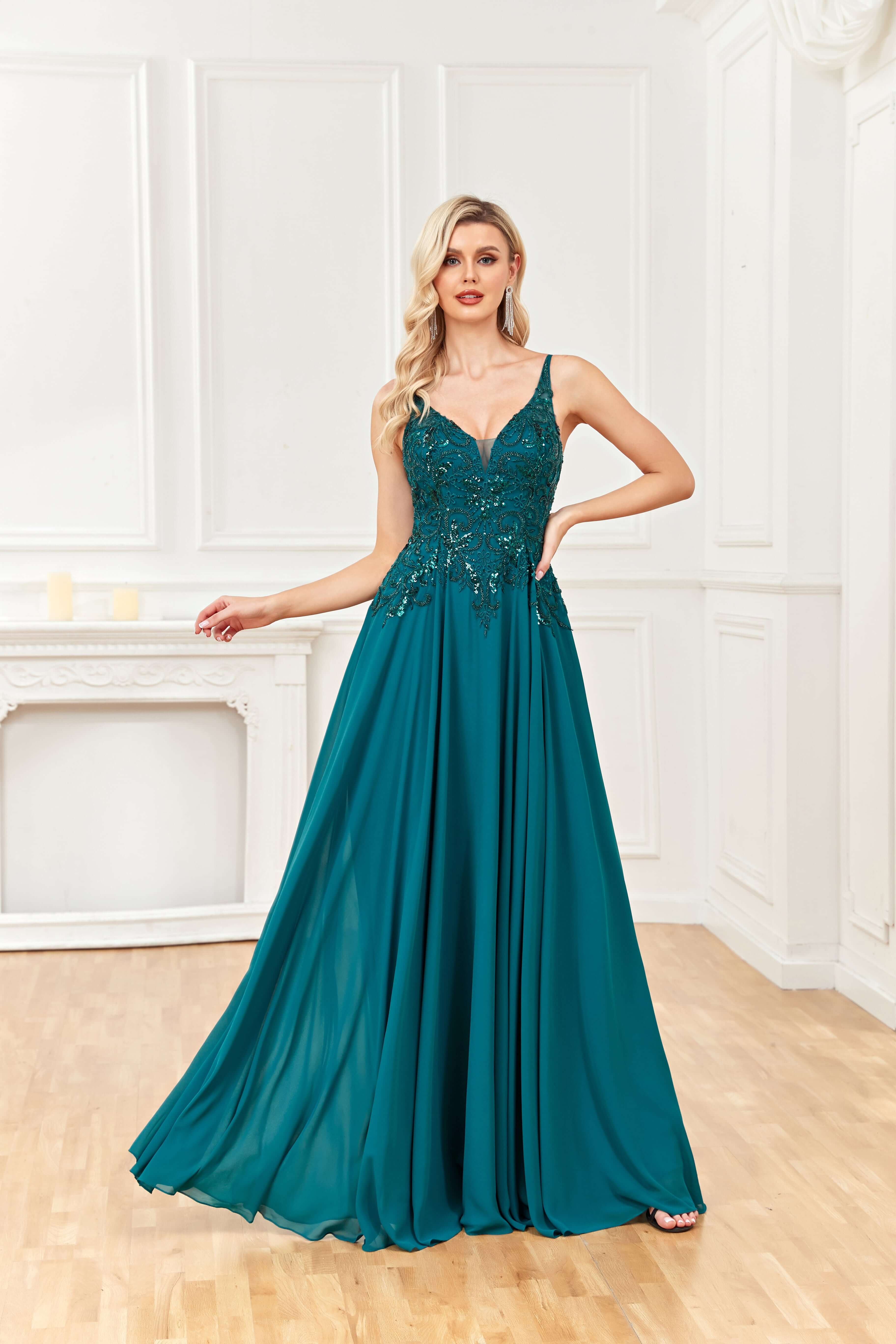 Wholesale A Line V Neck Sleeveless Beaded Appliques Floor Length Prom Dresses