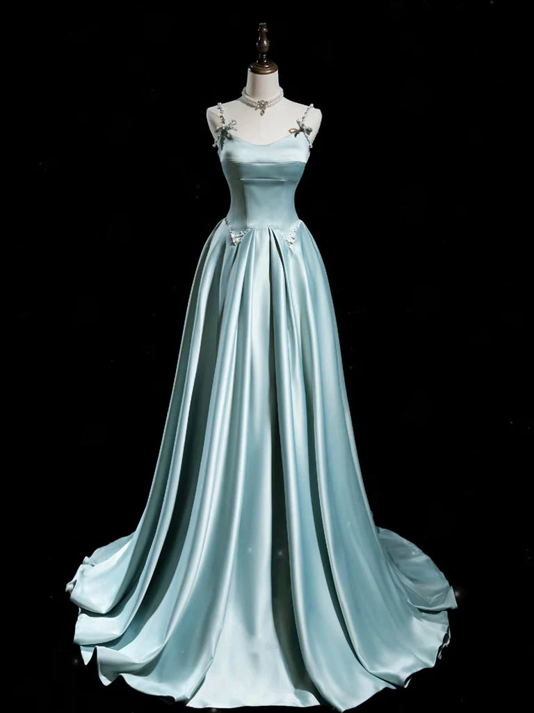 Wholesale A-Line Blue Satin Long Prom Dress Blue Long Formal Dress gowns evening dresses