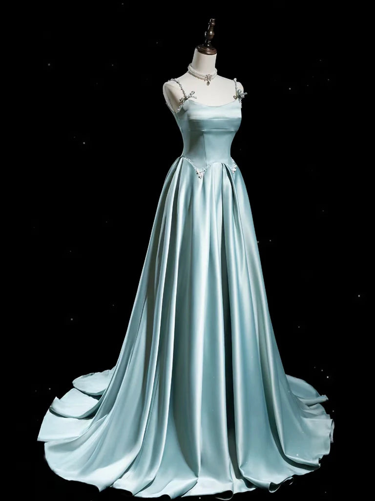 Wholesale A-Line Blue Satin Long Prom Dress Blue Long Formal Dress gowns evening dresses