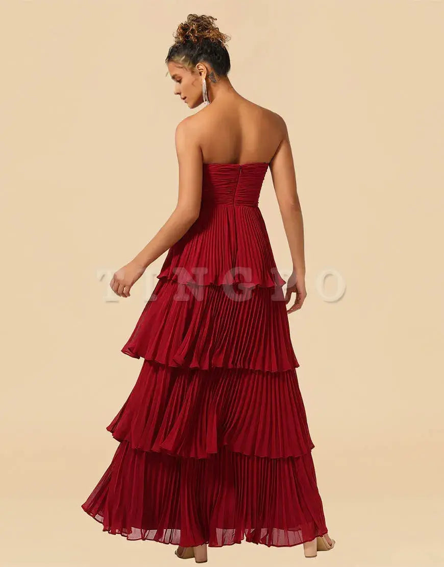 Wholesale A-Line Burgundy Strapless Long Tiered Chiffon Bridesmaid Dress Bridesmaid dress shop