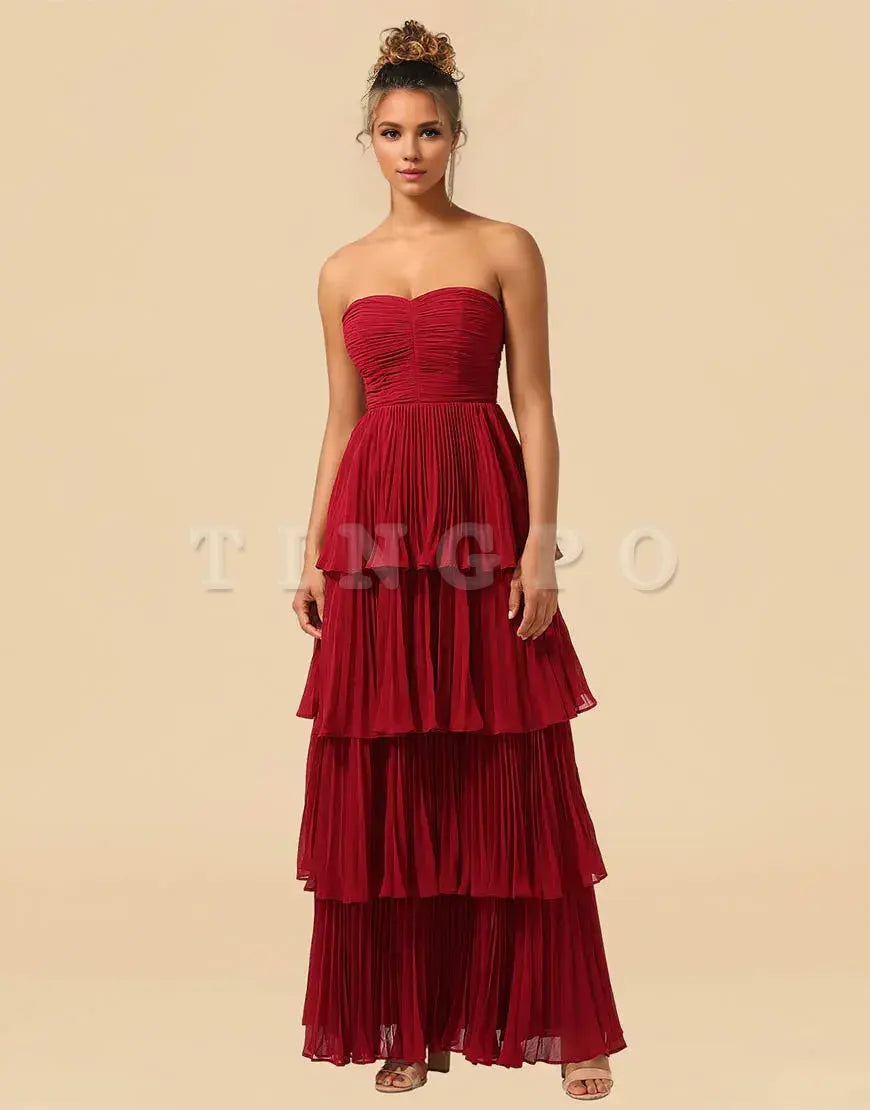 Wholesale A-Line Burgundy Strapless Long Tiered Chiffon Bridesmaid Dress Bridesmaid dress shop