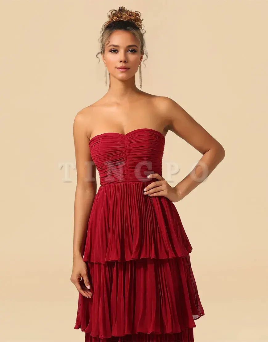 Wholesale A-Line Burgundy Strapless Long Tiered Chiffon Bridesmaid Dress Bridesmaid dress shop
