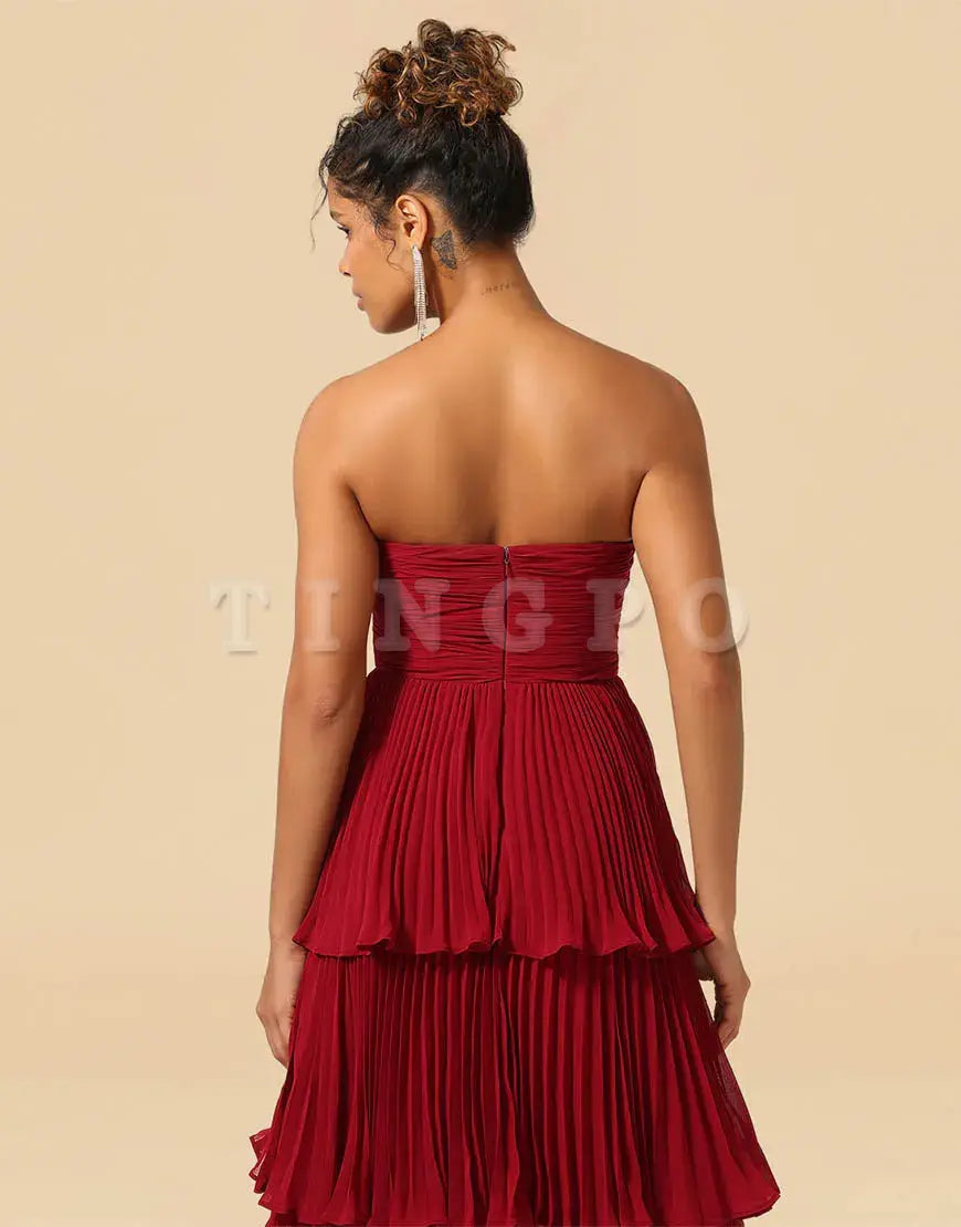 Wholesale A-Line Burgundy Strapless Long Tiered Chiffon Bridesmaid Dress Bridesmaid dress shop