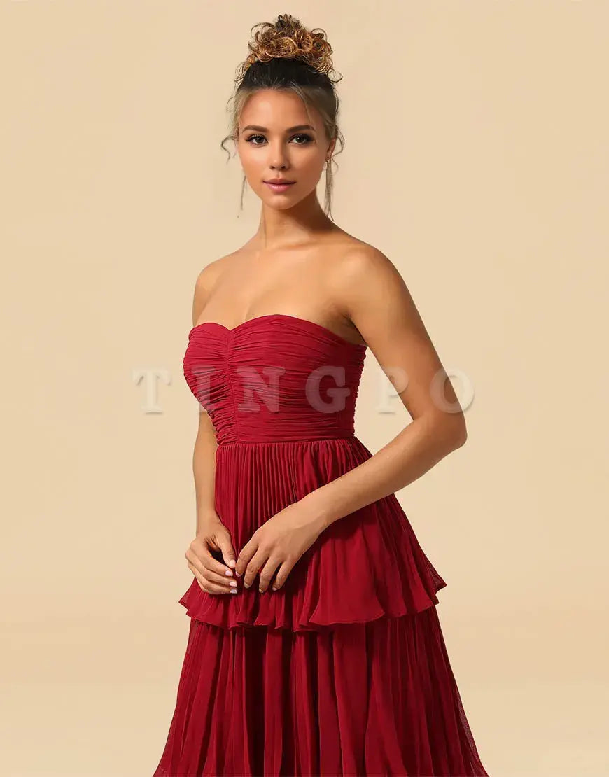 Wholesale A-Line Burgundy Strapless Long Tiered Chiffon Bridesmaid Dress Bridesmaid dress shop