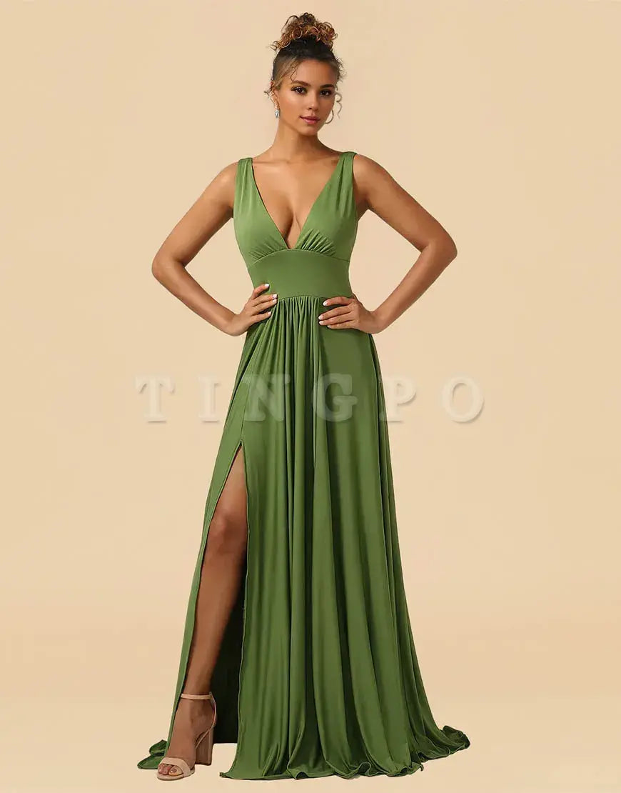 Wholesale A-Line Deep V-neck Floor Length Spandex Bridesmaid Dress with Split Bridesmaid dress shop