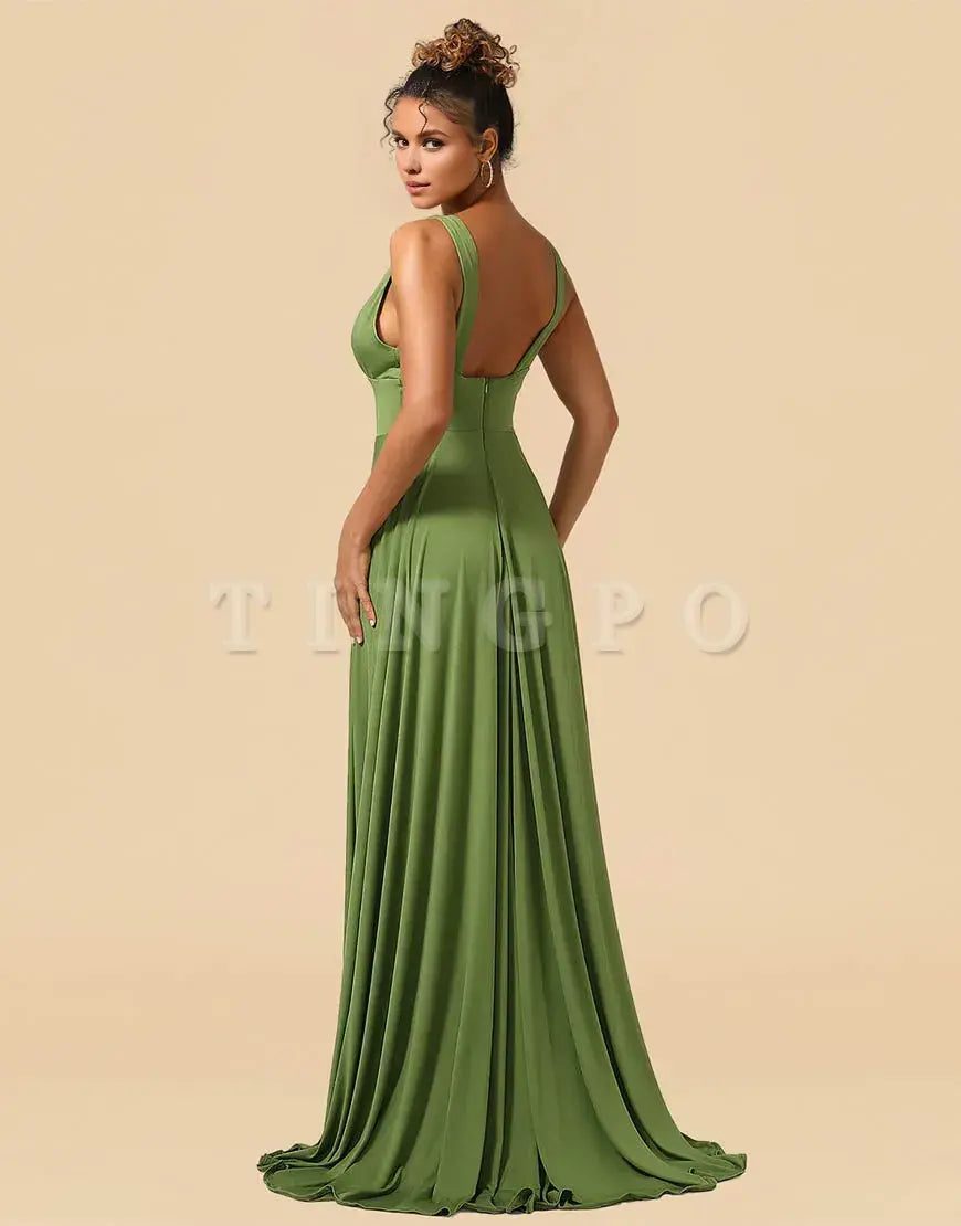 Wholesale A-Line Deep V-neck Floor Length Spandex Bridesmaid Dress with Split Bridesmaid dress shop