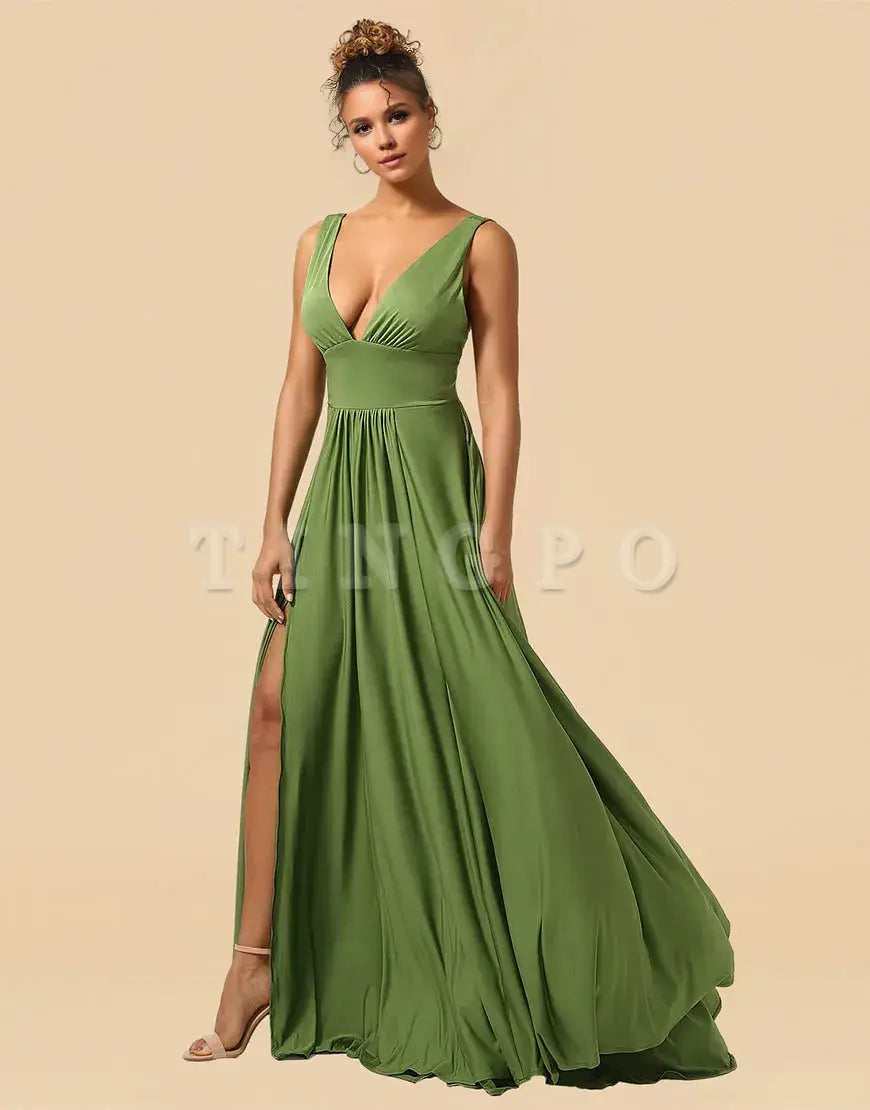 Wholesale A-Line Deep V-neck Floor Length Spandex Bridesmaid Dress with Split Bridesmaid dress shop
