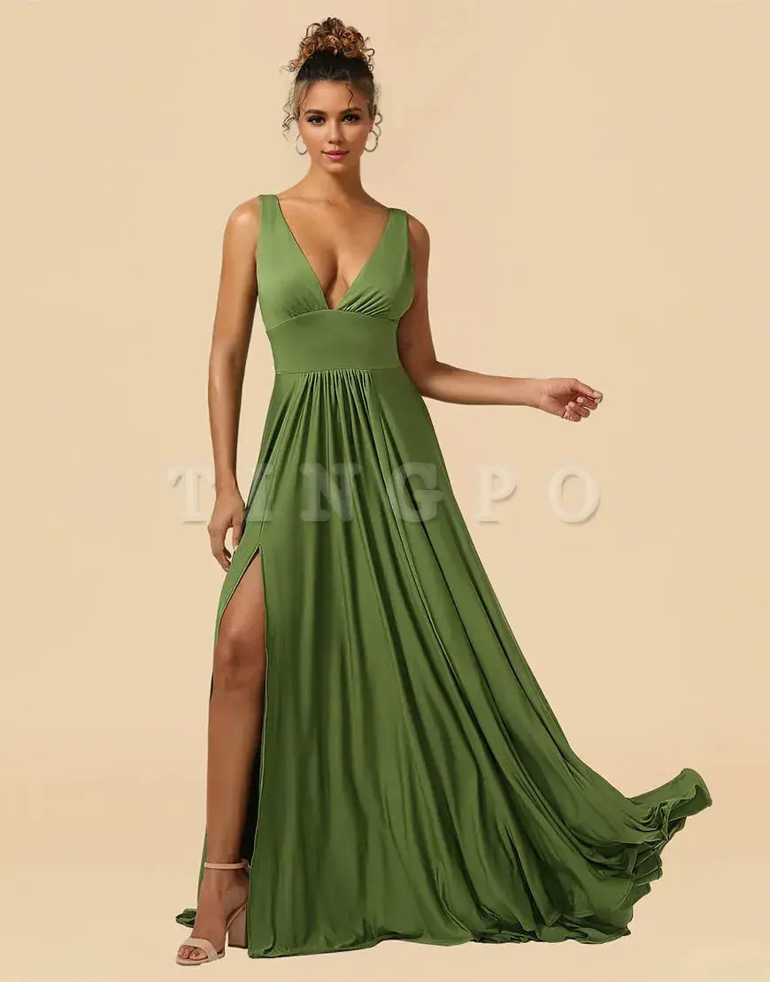 Wholesale A-Line Deep V-neck Floor Length Spandex Bridesmaid Dress with Split Bridesmaid dress shop