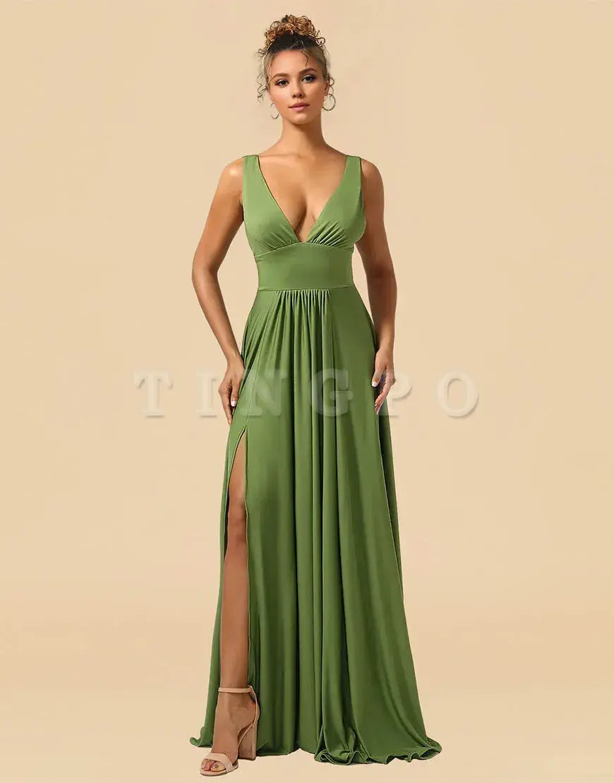Wholesale A-Line Deep V-neck Floor Length Spandex Bridesmaid Dress with Split Bridesmaid dress shop