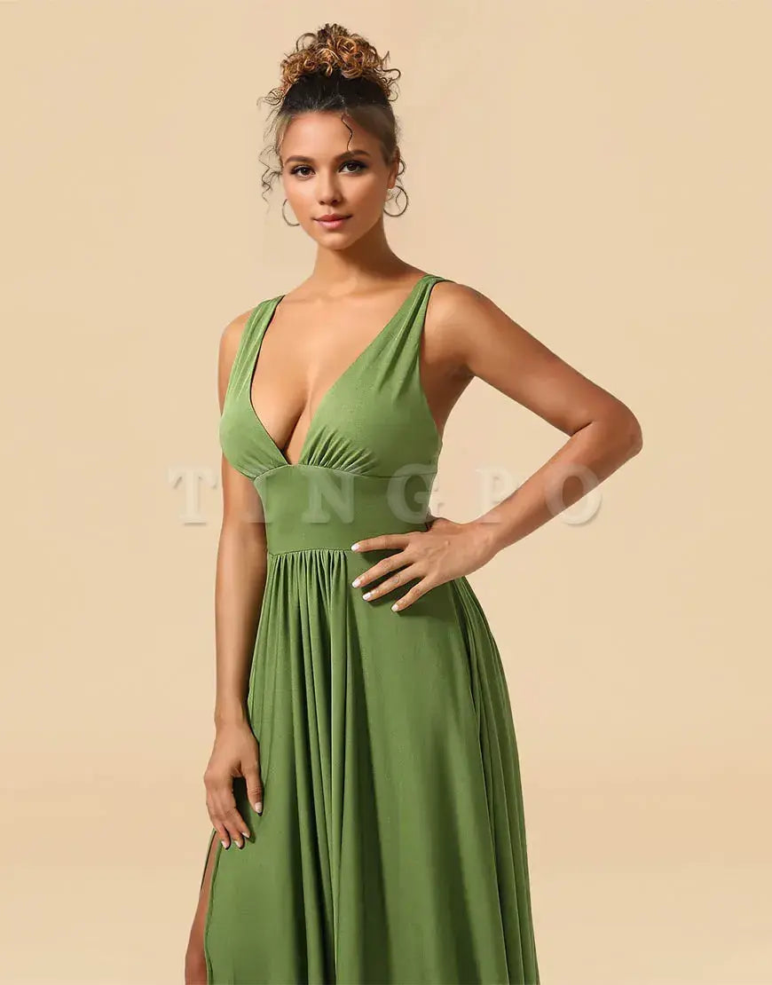 Wholesale A-Line Deep V-neck Floor Length Spandex Bridesmaid Dress with Split Bridesmaid dress shop