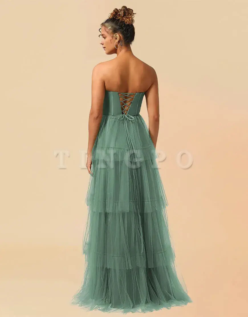 Wholesale A-Line Detachable Straps Lace Up Tulle Bridesmaid Dress With Split Bridesmaid dress shop