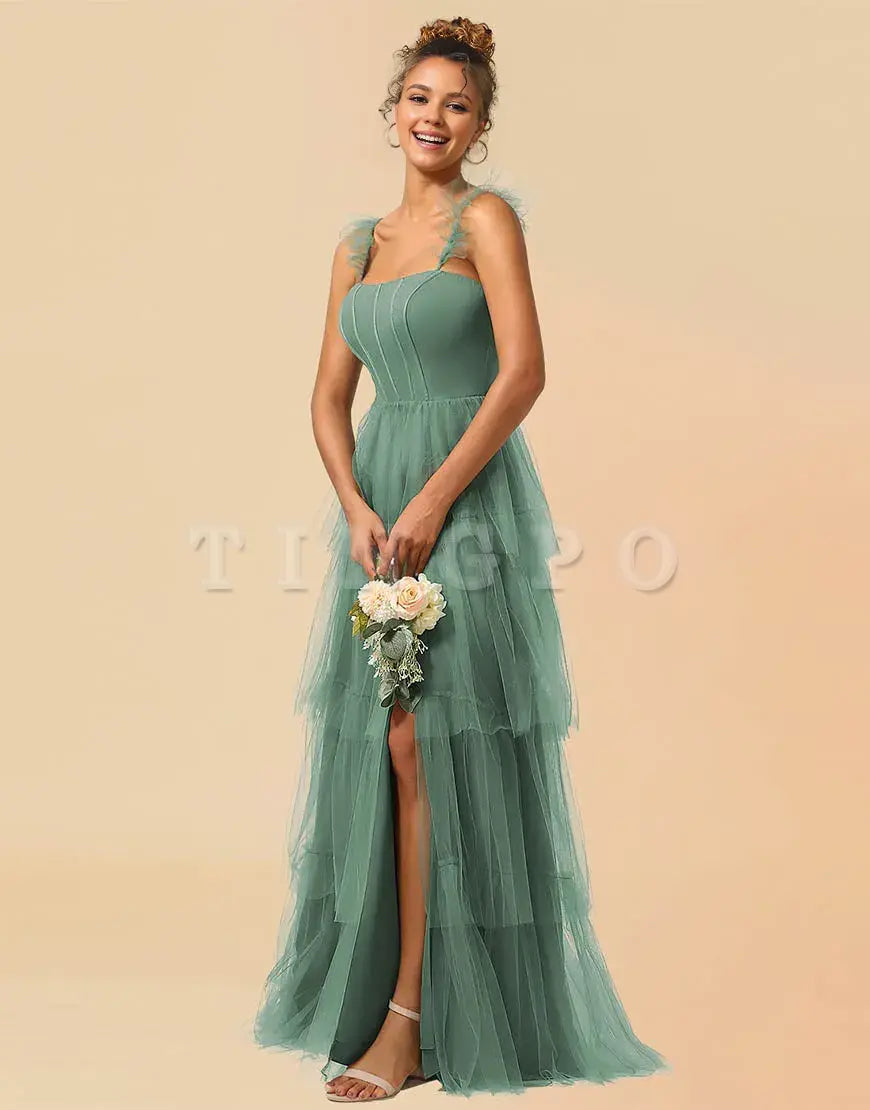 Wholesale A-Line Detachable Straps Lace Up Tulle Bridesmaid Dress With Split Bridesmaid dress shop