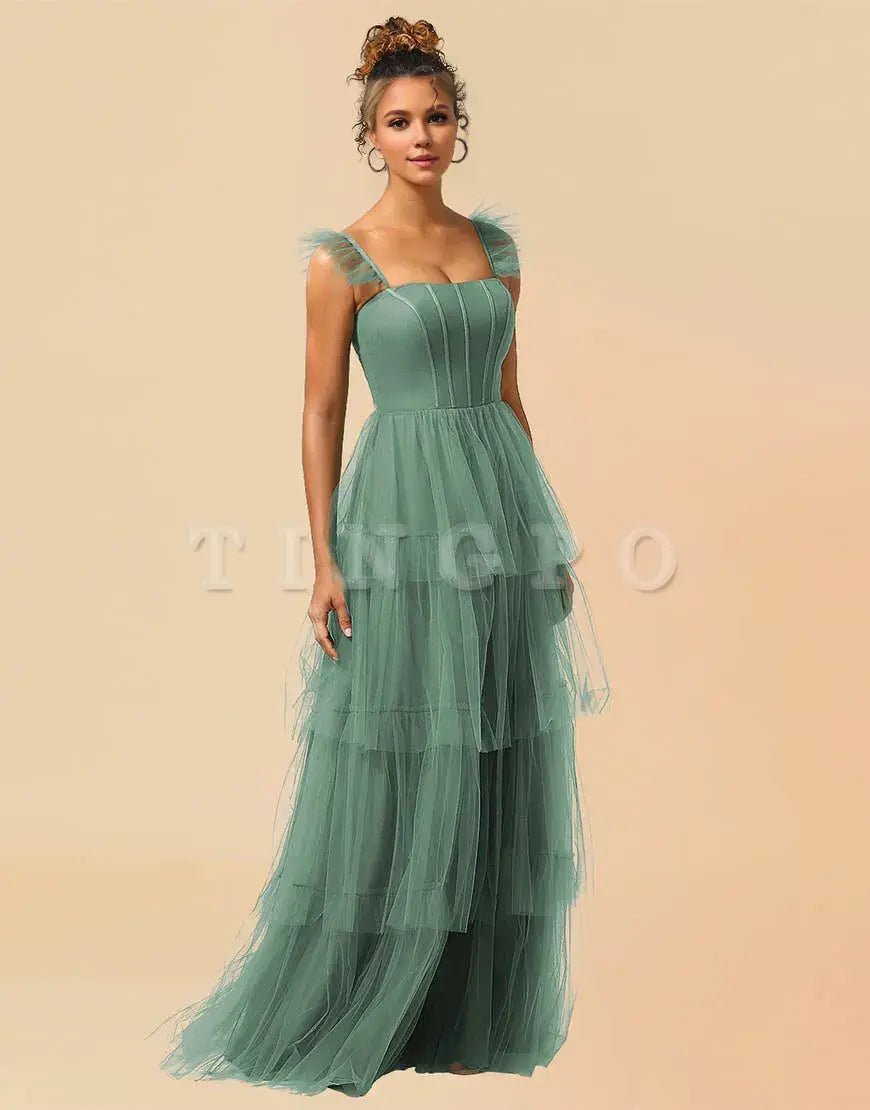 Wholesale A-Line Detachable Straps Lace Up Tulle Bridesmaid Dress With Split Bridesmaid dress shop