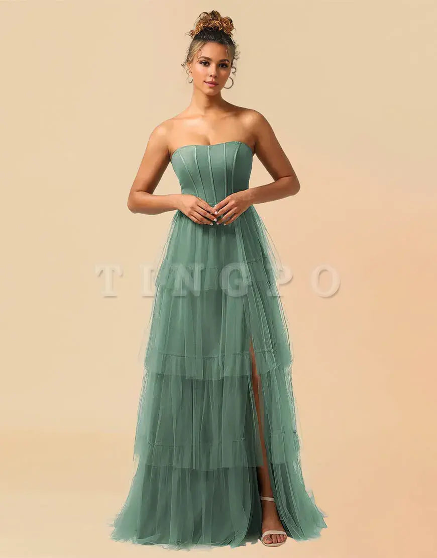 Wholesale A-Line Detachable Straps Lace Up Tulle Bridesmaid Dress With Split Bridesmaid dress shop