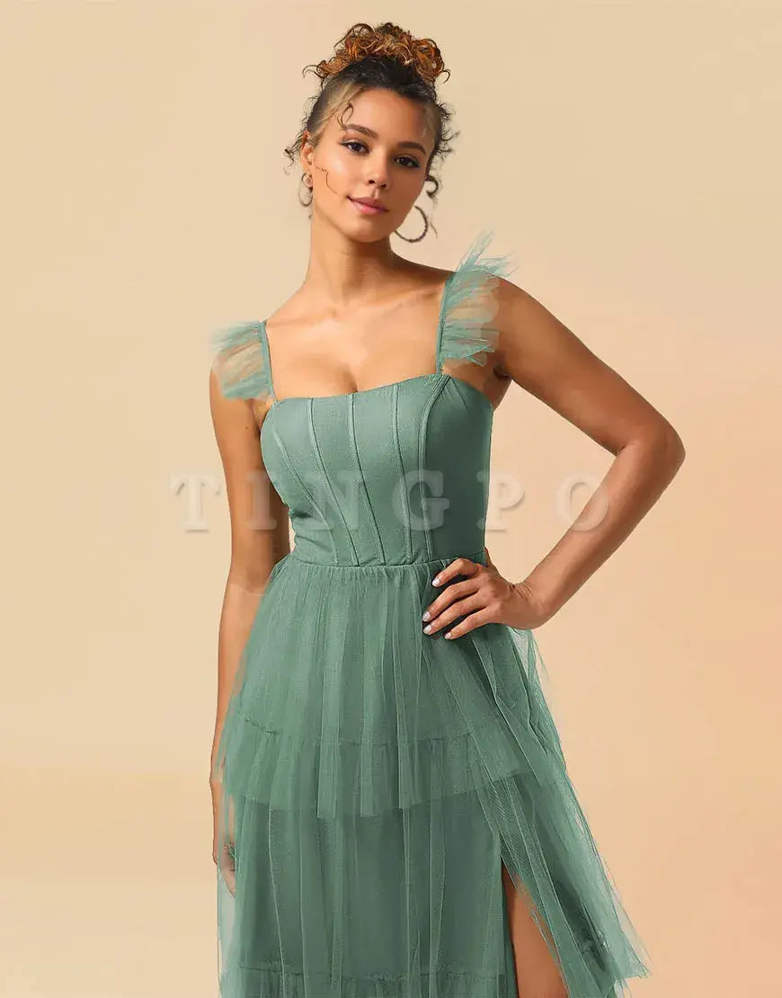 Wholesale A-Line Detachable Straps Lace Up Tulle Bridesmaid Dress With Split Bridesmaid dress shop