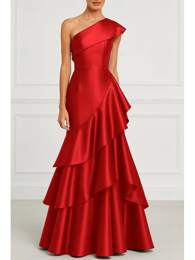 A-Line Floor Length Prom Dresses Evening Gown Ball Gown Formal Dress Elegant Sleeveless One Shoulder Wedding Formal Satin with Ruffles