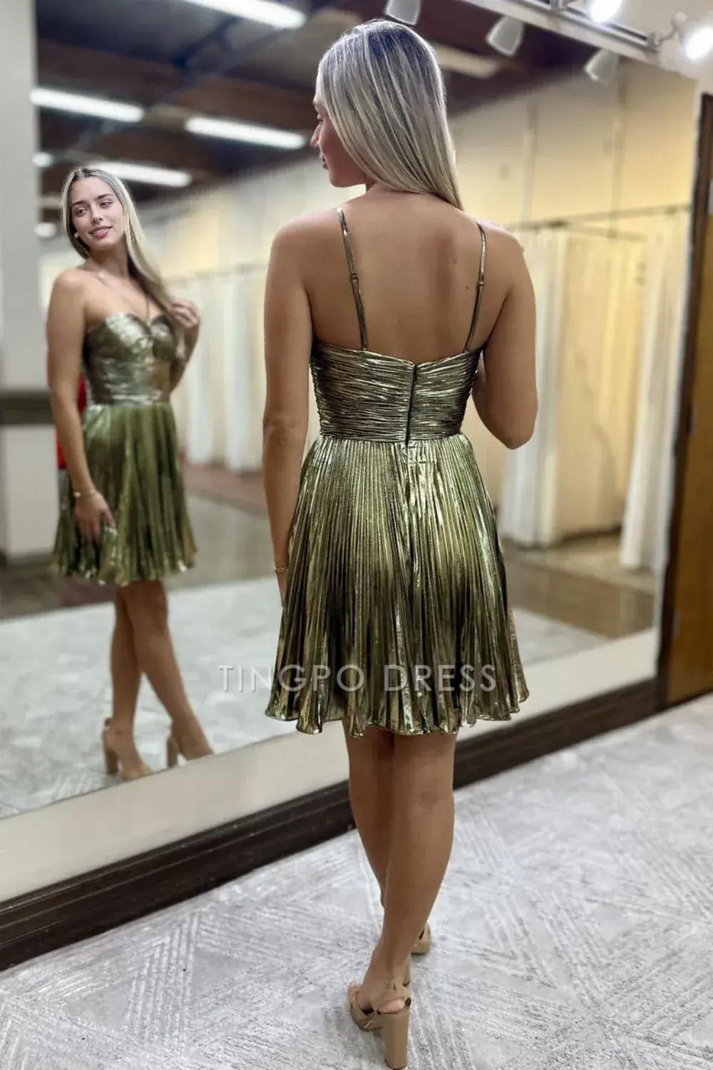 TingPo Wholesale Elegant A-Line Halter Neck Short Metallic Homecoming Dress with Pleating formal wear dresses